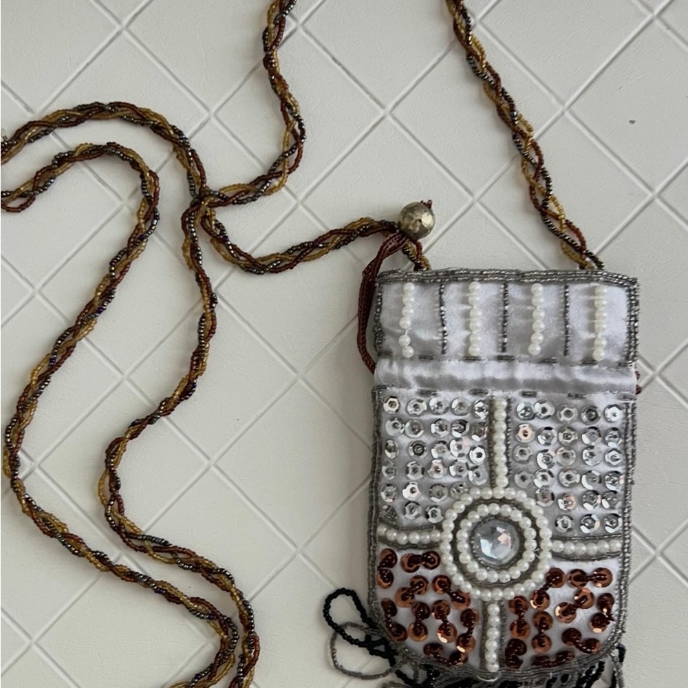 Chic Beaded Crossbody Bag - White and Brown